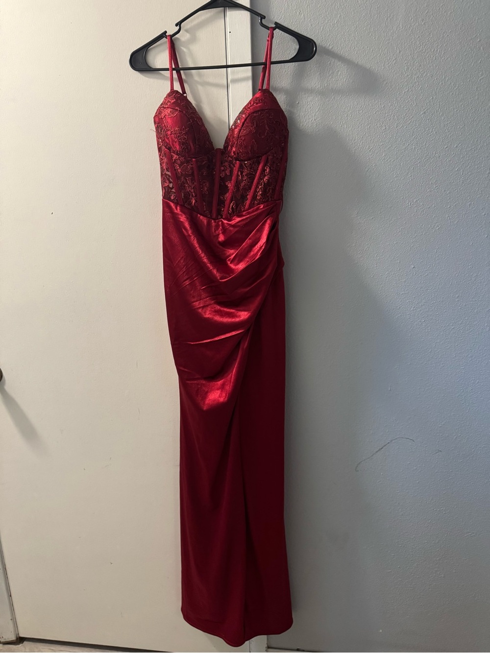 Red Lace Bustier Satin Evening Dress